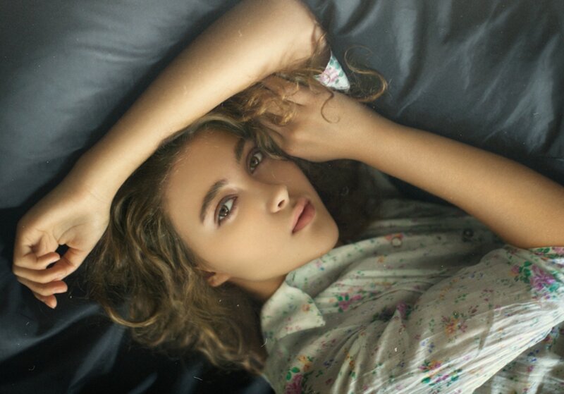 Woman Lying on Bed — Gray, Calm, Photograph