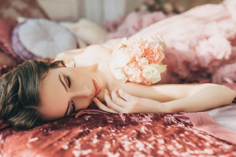 Woman Lying on Bed — Pink, Serene, Afternoon, Photograph