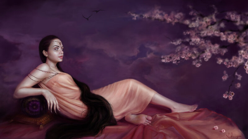 Woman Lying on Bed — Purple, Serene