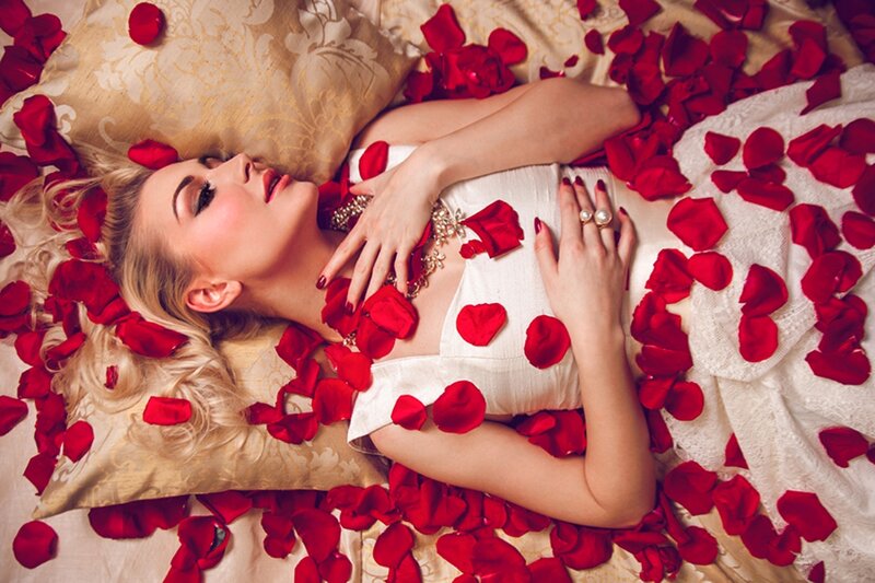 Woman Lying on Bed — Red, Serene