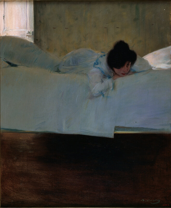 Woman Lying on Bed — White, Calm, Morning, Painting