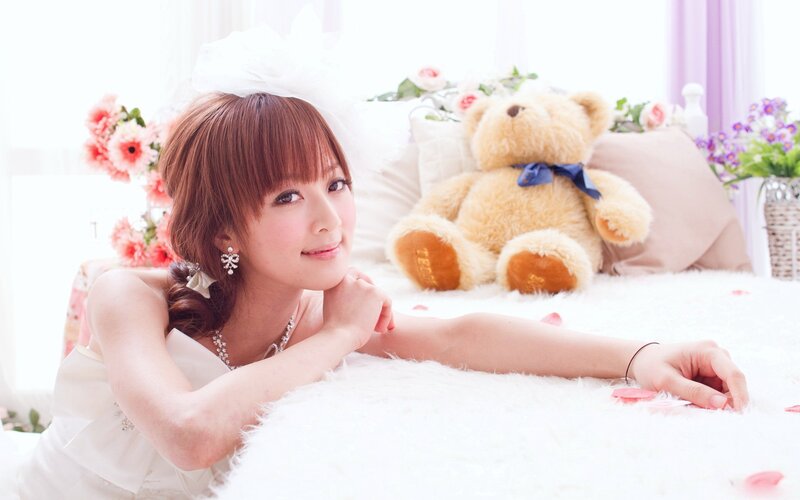 Woman Lying on Bed — White, Calm, Morning, Photograph, Teddy Bear