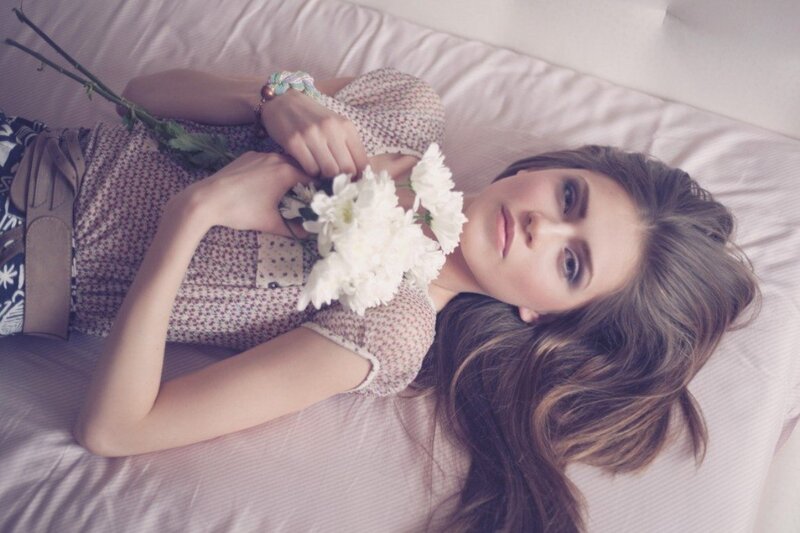 Woman Lying on Bed — White, Calm, Photograph, Flowers