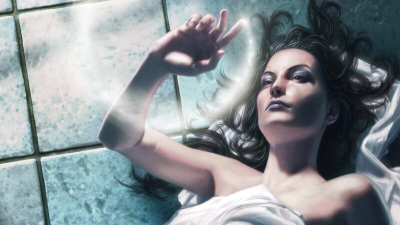 Woman Lying on Bed — White, Dramatic, Digital Art