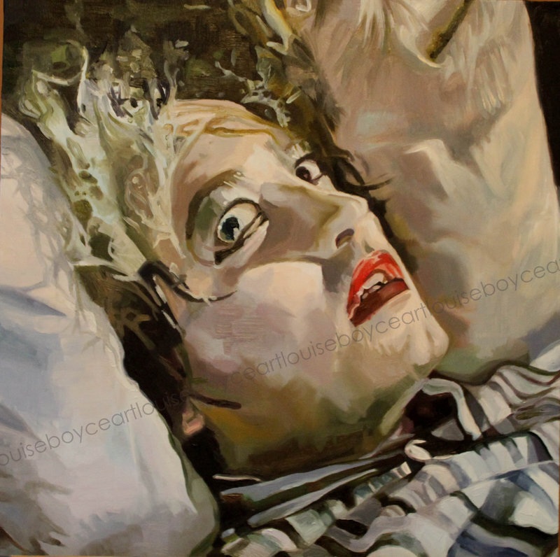 Woman Lying on Bed — White, Dramatic, Painting