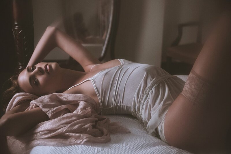 Woman Lying on Bed — White, Intimate, Night, Photograph, Pillow, Mirror