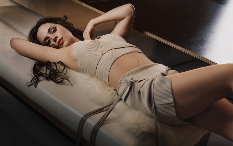 Woman Lying on Bench — Beige