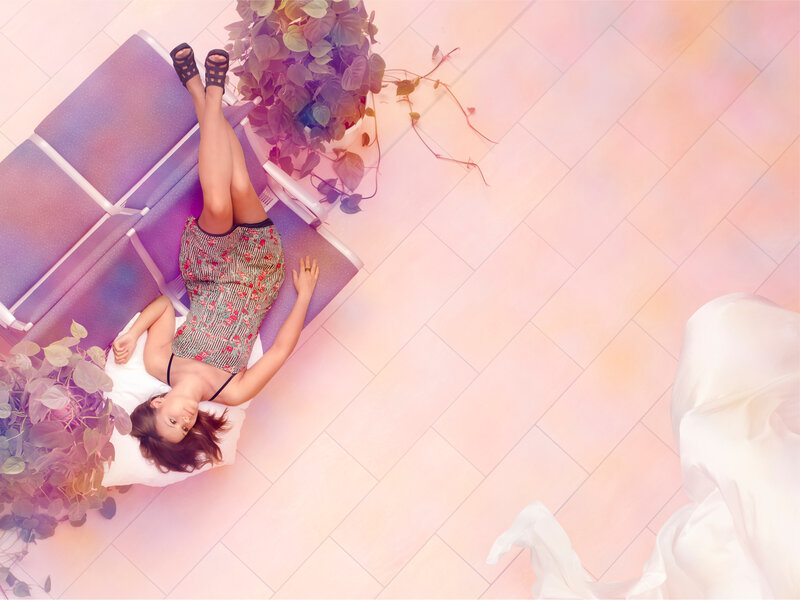 Woman Lying on Bench — Pink