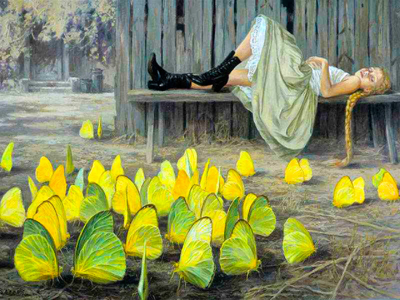 Woman Lying on Bench — Yellow, Serene