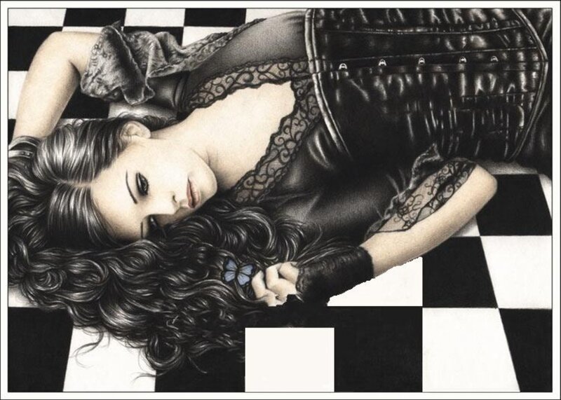 Woman Lying on Checkered Floor — Black
