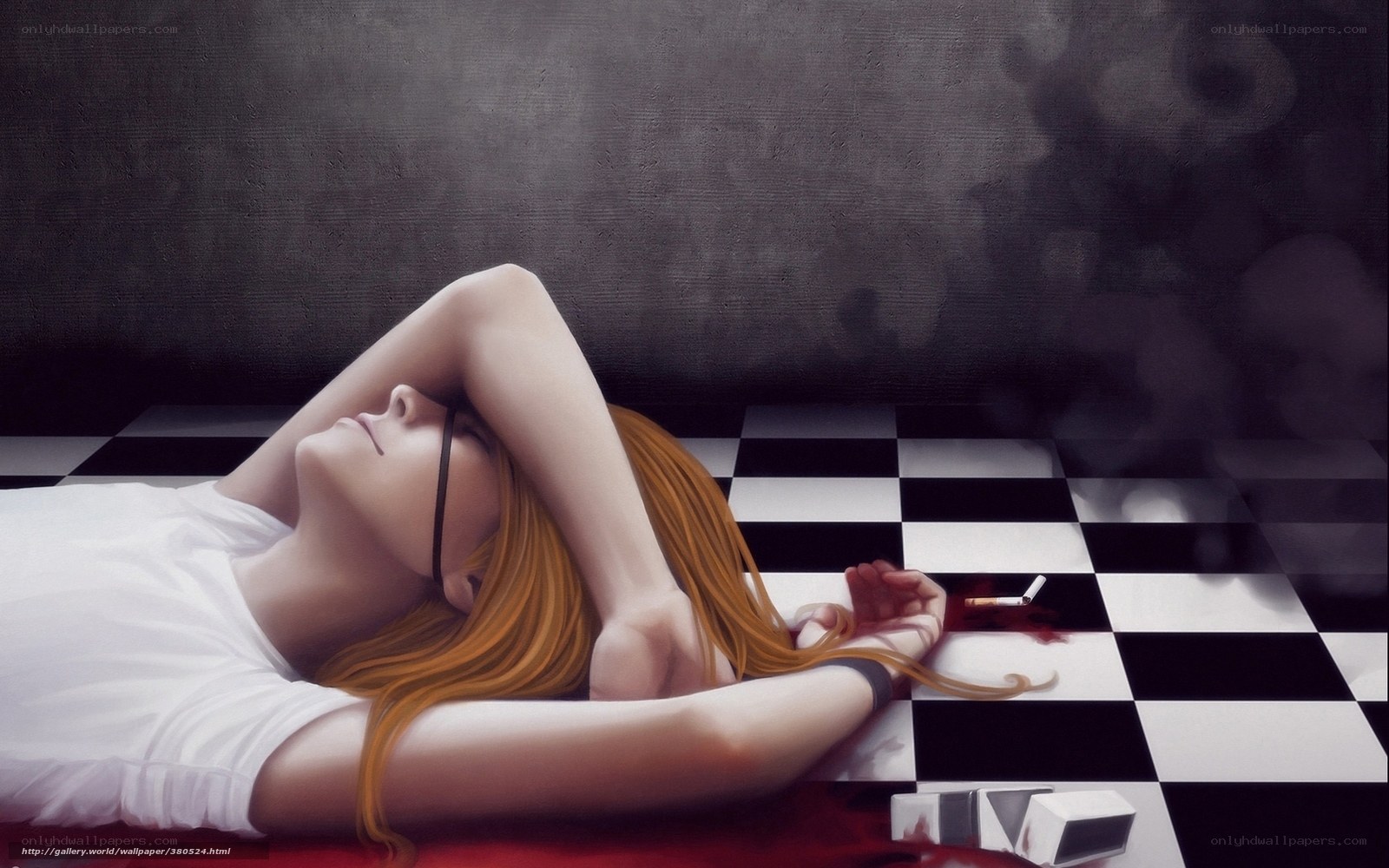 Woman lying on checkered floor