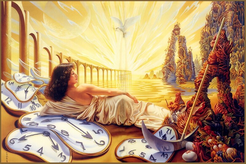 Woman Lying on Clocks