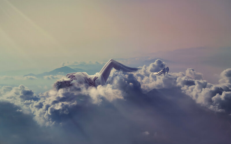 Woman Lying on Clouds — White, Dreamy