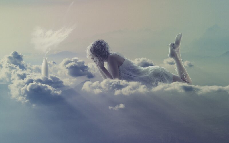 Woman Lying on Clouds — White, Serene, Digital Art