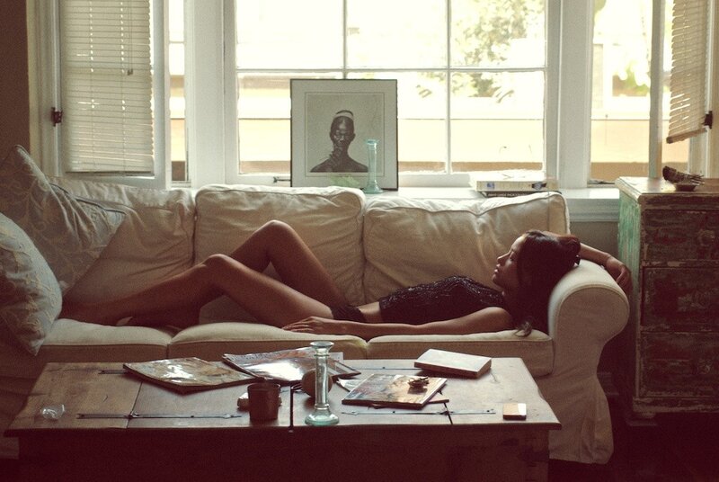 Woman Lying on Couch — Beige, Relaxed, Afternoon, Photograph, Coffee Table