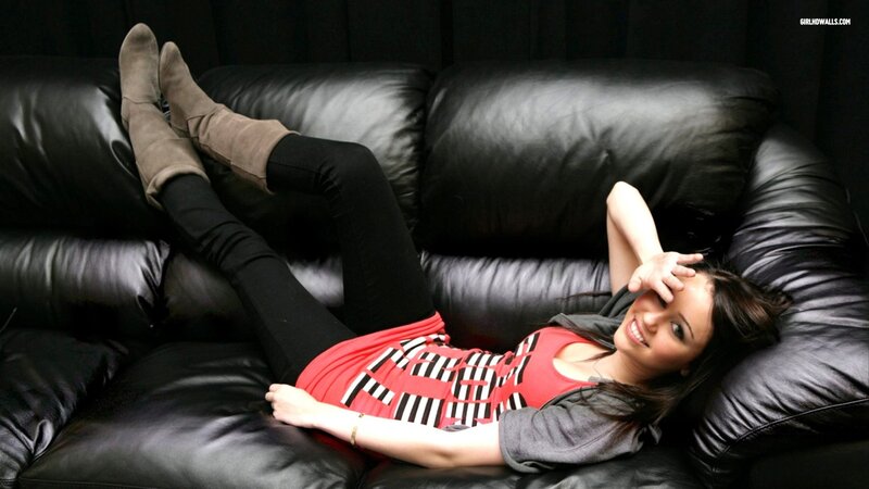 Woman Lying on Couch — Black, Relaxed, Photograph, Boots, Dress, Red, Gray