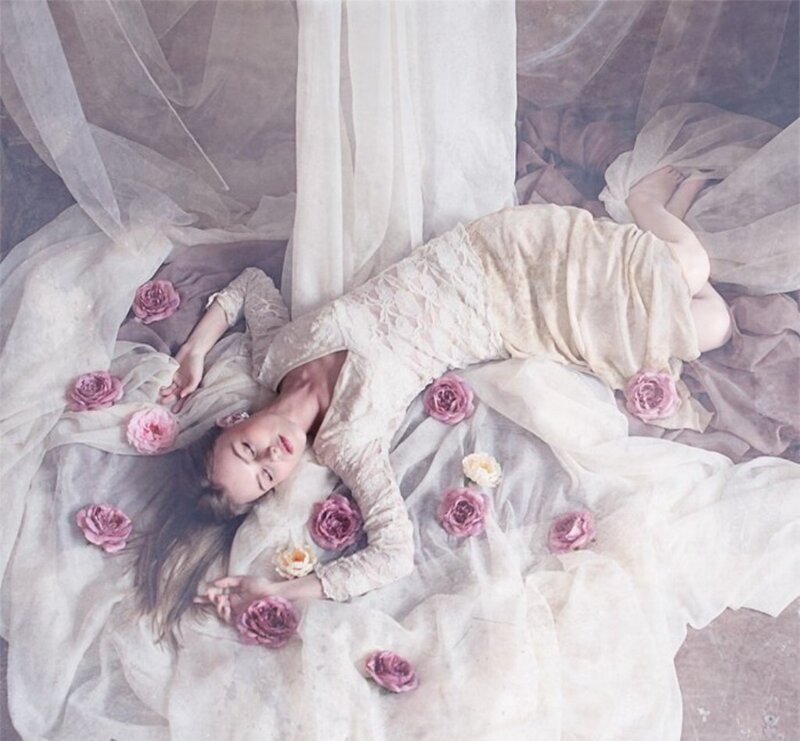 Woman Lying on Fabric — Pink