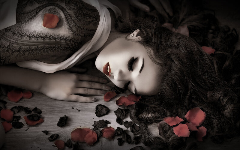 Woman Lying on Floor — Black, Dramatic, Digital Art