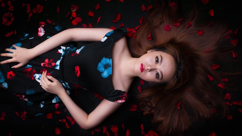 Woman Lying on Floor — Black, Dramatic, Night, Photograph, Rose Petals