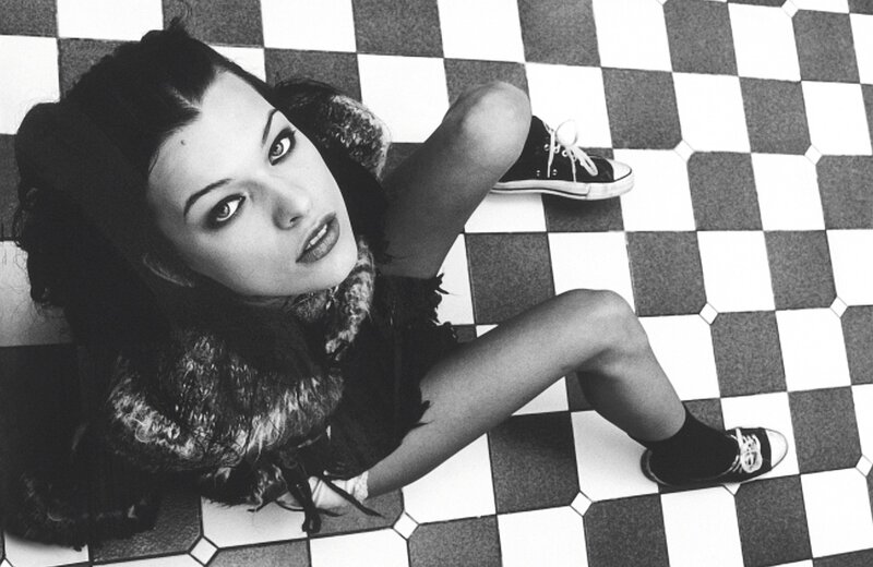 Woman Lying on Floor — Black, Dramatic, Photograph, Fur Coat, Sneakers