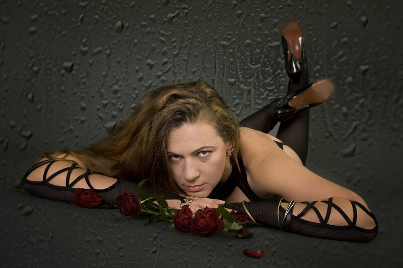 Woman Lying on Floor — Black, Dramatic, Photograph, Roses