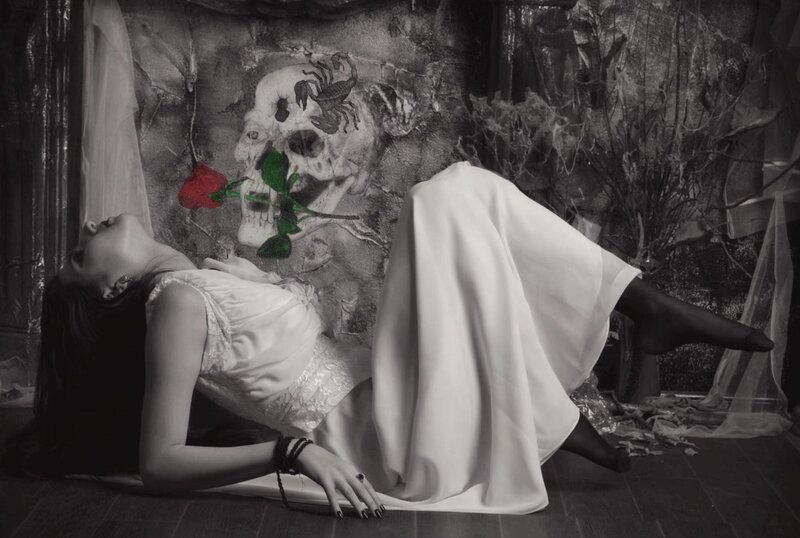 Woman Lying on Floor — Black, Dramatic, Photograph, Skull