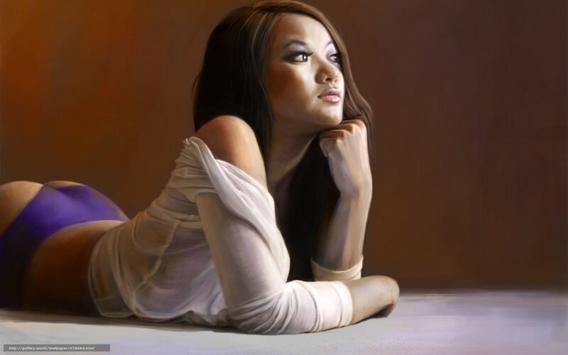 Woman Lying on Floor — Brown, Dramatic, Digital Art, Purple Underwear