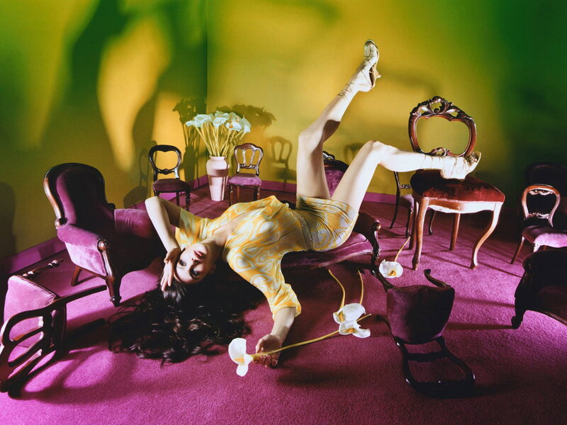 Woman Lying on Floor — Purple, Dramatic, Photograph