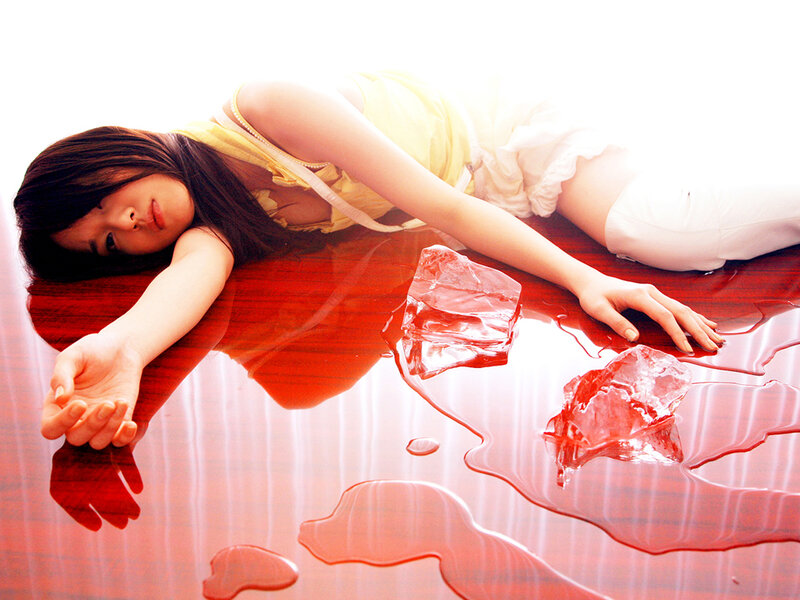Woman Lying on Floor — Red, Dramatic, Photograph, Ice Cubes