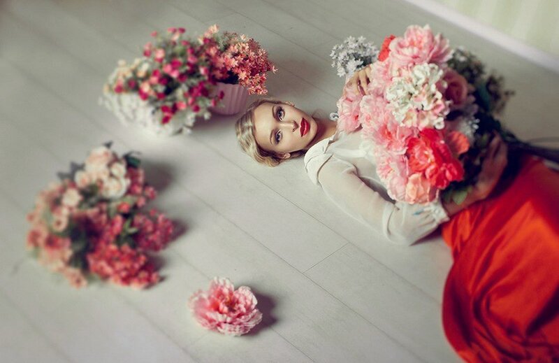 Woman Lying on Floor — Red, Serene, Photograph, Flowers