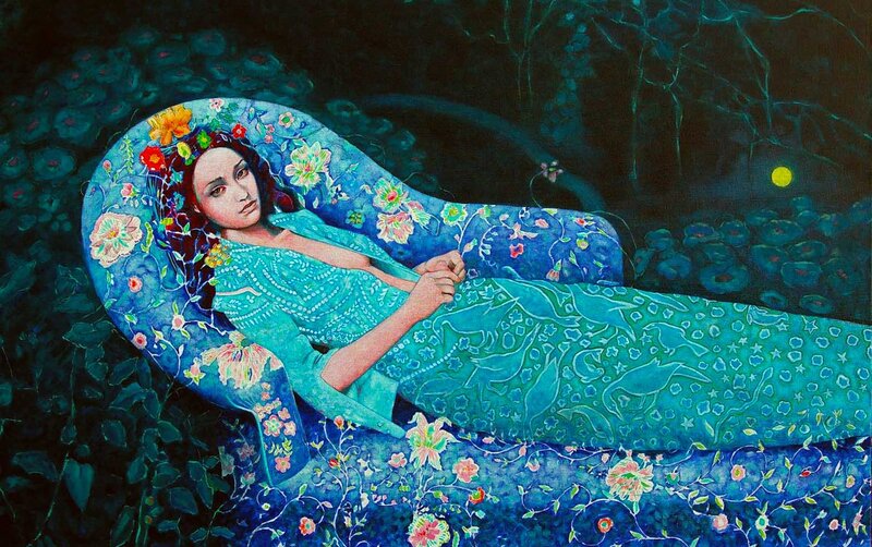 Woman Lying on Floral Chaise