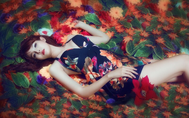 Woman Lying on Flowers — Red, Serene