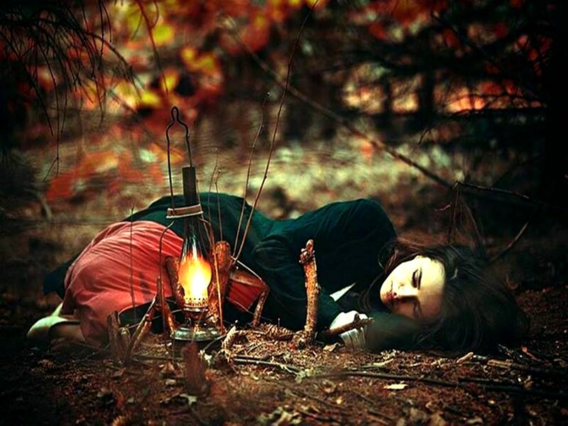 Woman Lying on Forest Floor — Brown, Dramatic, Autumn