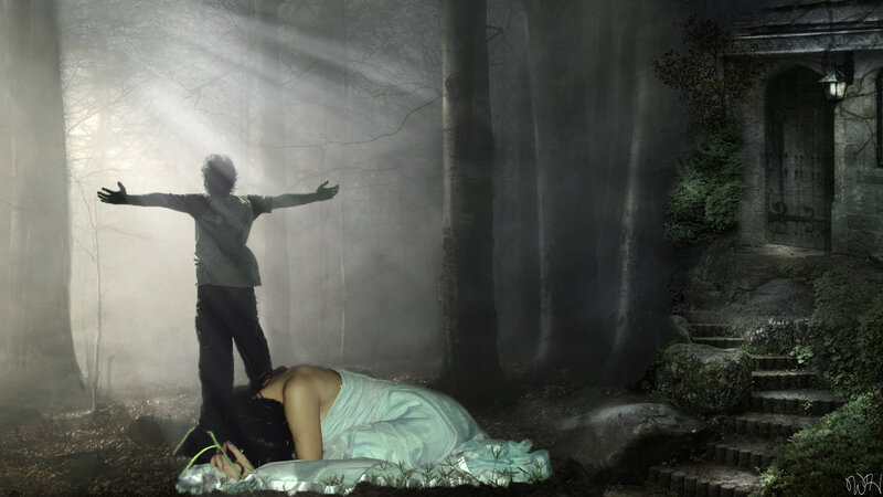Woman Lying on Forest Floor — Gray