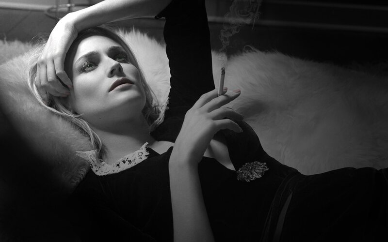Woman Lying on Fur — Black, Dramatic, Photograph, Cigarette, Dress, White
