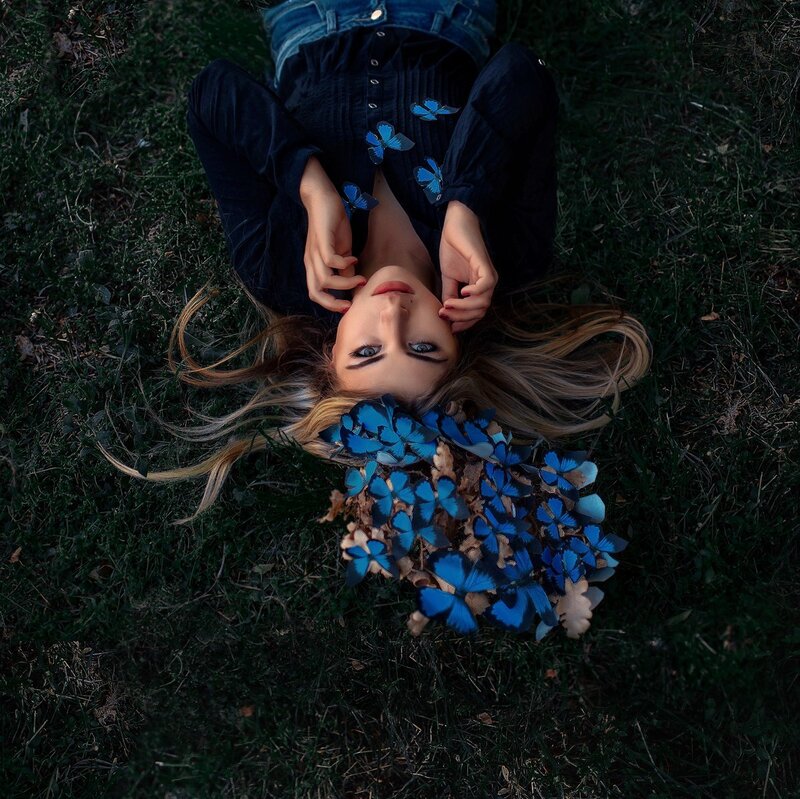 Woman Lying on Grass — Blue, Serene, Night