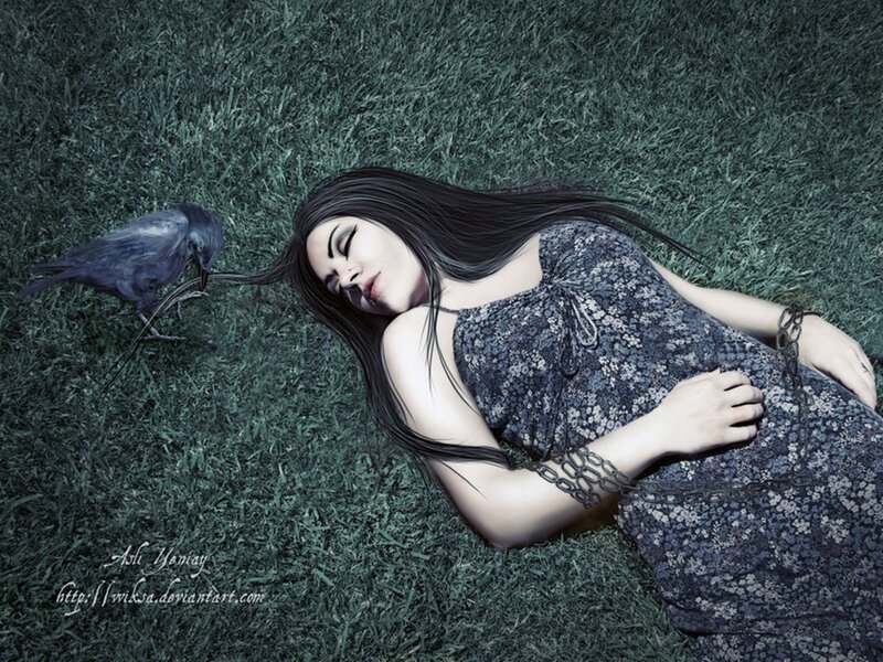 Woman Lying on Grass — Green, Dramatic, Digital Art