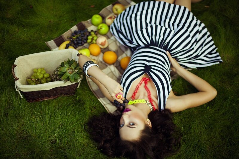 Woman Lying on Grass — Green, Relaxed, Afternoon, Photograph, Fruit