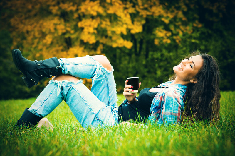 Woman Lying on Grass — Green, Relaxed, Autumn