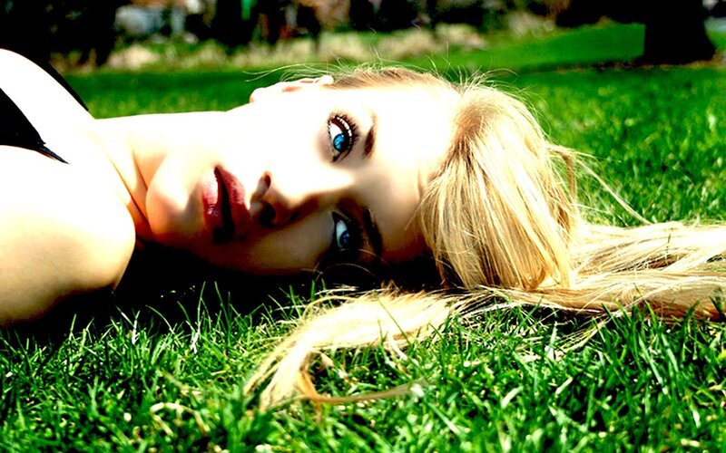Woman Lying on Grass — Green, Serene, Afternoon, Photograph, Blonde Hair, Blue Eyes