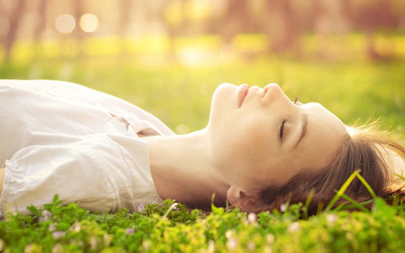 Woman Lying on Grass — Green, Serene, Afternoon, Photograph, Sunlight, Trees