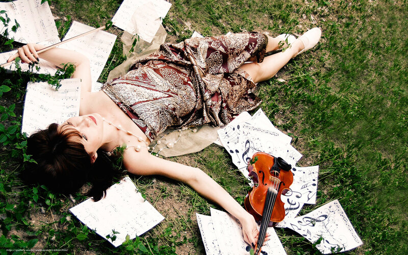 Woman Lying on Grass — Green, Serene, Afternoon, Photograph, Violin