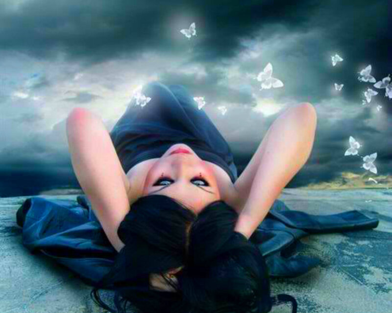 Woman Lying on Ground — Black, Dramatic, Digital Art, Butterflies