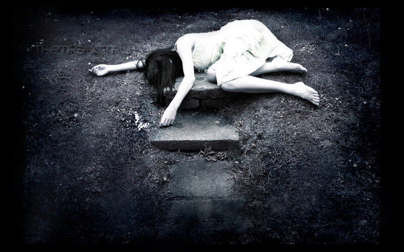 Woman Lying on Ground — Black, Dramatic, Night, Photograph, Dress