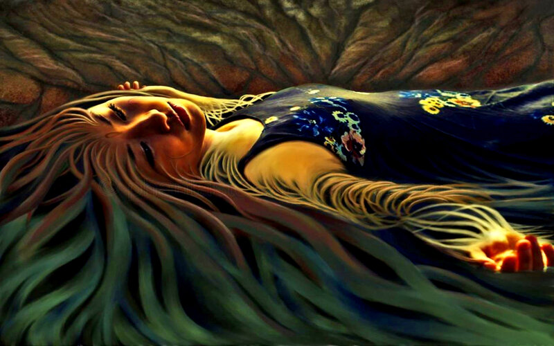 Woman Lying on Ground — Blue, Dramatic, Digital Art
