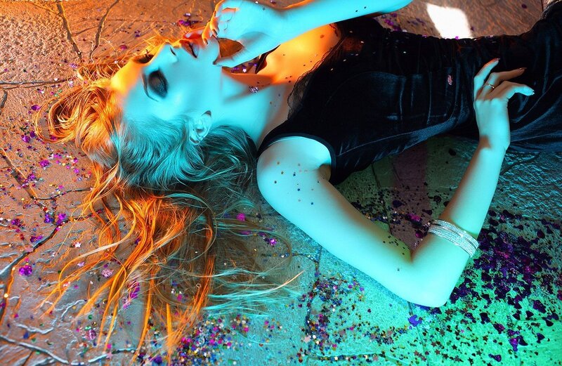 Woman Lying on Ground — Blue, Dramatic, Night, Photograph