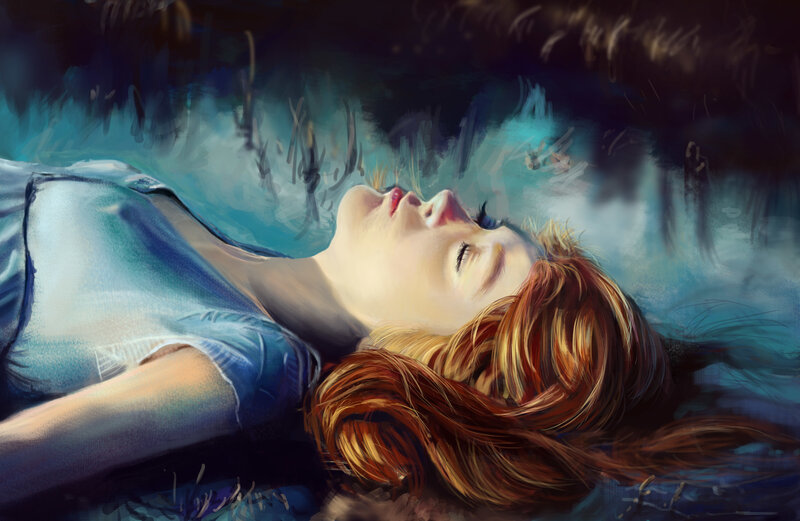 Woman Lying on Ground — Blue, Serene