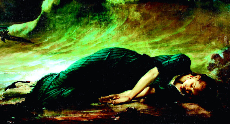 Woman Lying on Ground — Green, Dramatic, Painting, Green Light