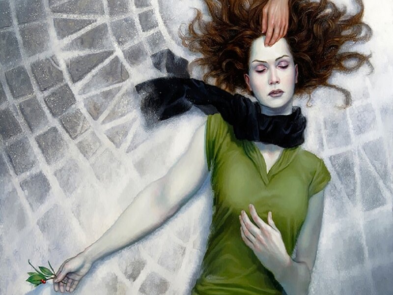 Woman Lying on Ground — Green, Dramatic, Painting