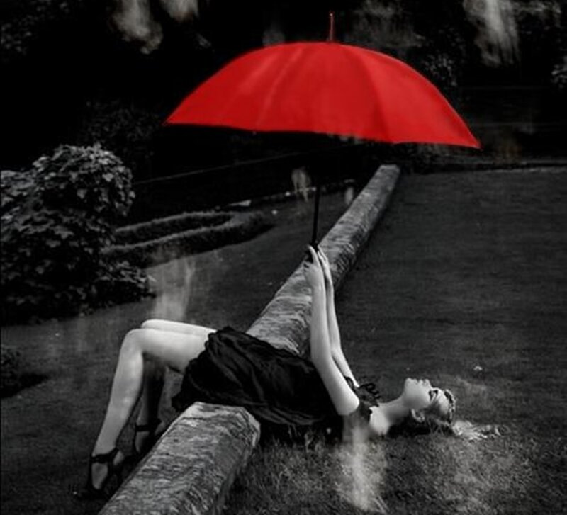 Woman Lying on Ground — Red, Dramatic, Photograph